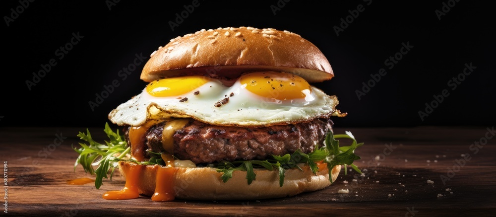 Poster a delicious egg burger showcased on a rustic wooden surface allowing for ample copy space in the ima