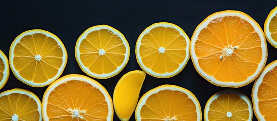 A vibrant arrangement of freshly sliced lemons creates a striking pattern against a dark backdrop...