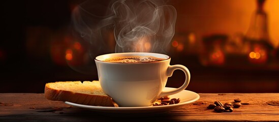 Fototapeta premium Enjoy a delicious breakfast complete with a steaming cup of coffee and a plate of perfectly toasted bread. Creative banner. Copyspace image