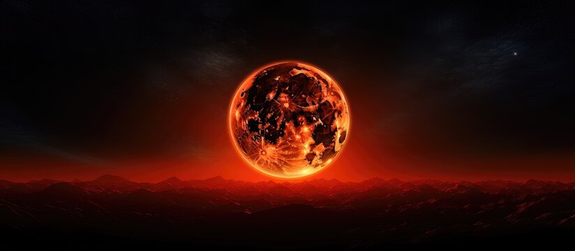 During the total lunar eclipse the moon assumes a captivating red hue against the night sky creating a mesmerizing astronomical background with ample copy space