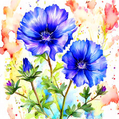Floral colourful bloomy vibrant watercolour oil painting splash colour of chicory flowers
