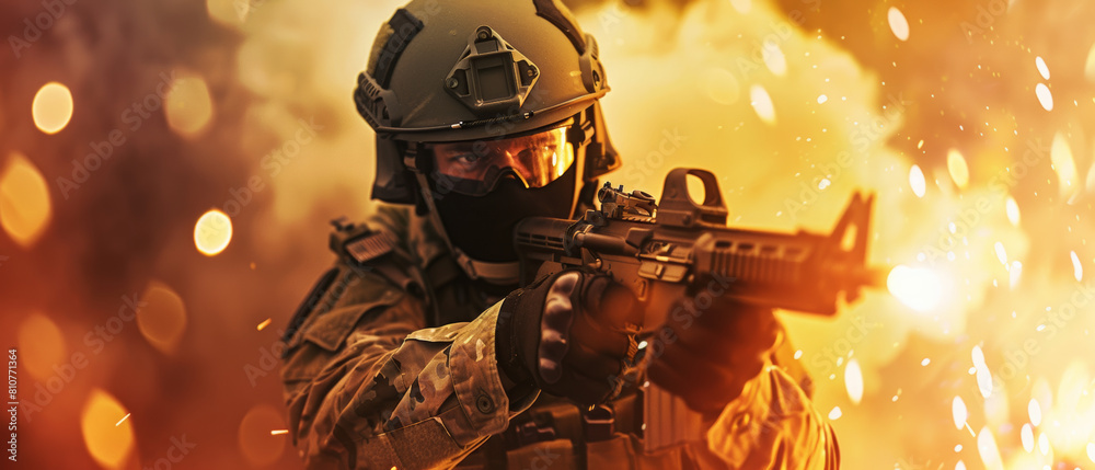 Wall mural Armed soldier in combat, intense focus amidst raging fire and explosion.