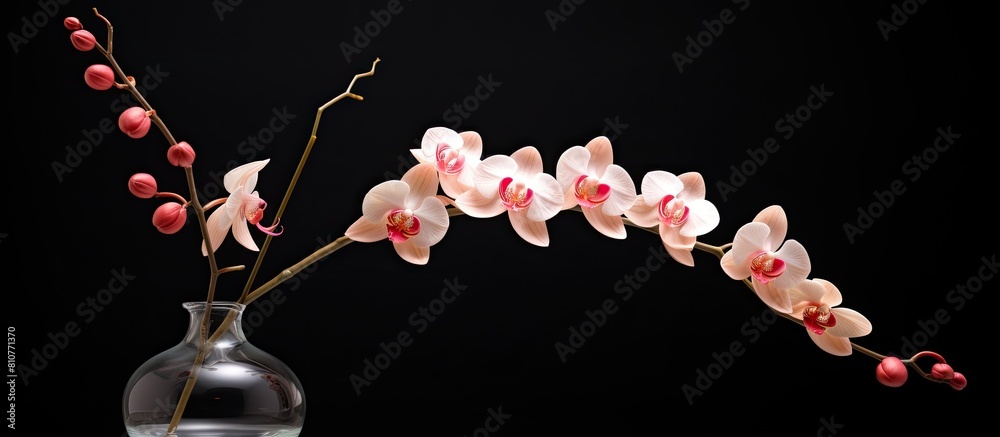 Poster A pink orchid branch displayed in a vase against a black background leaving empty space for an image. Creative banner. Copyspace image