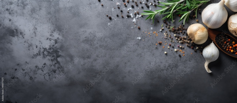 Aufkleber Top view of garlic rosemary black pepper and salt on a grey concrete background creating a visually appealing copy space image