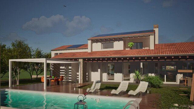Modellazione 3D e video di edificio residenziale con piscina e bandiera al vento Russia