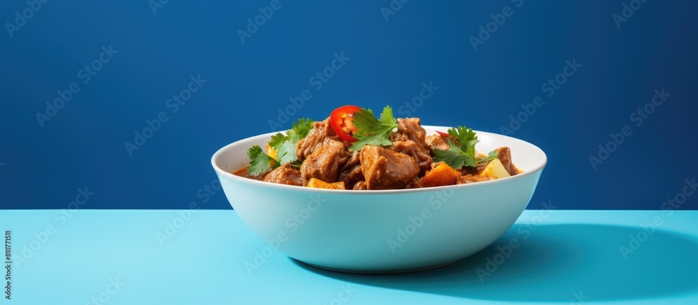 Aufkleber a white bowl with panaeng curry and pork is placed on a blue background leaving copy space for addit