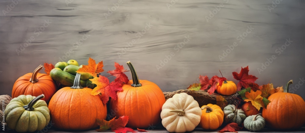 Poster a retro toned scene with a harvest of pumpkins colorful fall leaves and gray stone with copy space i