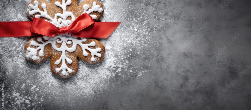 Aufkleber A top down view of a gingerbread cookie shaped like a snowflake with a red ribbon placed on a gray concrete background It s perfect for a Christmas card or recipe creating a festive atmosphere with a