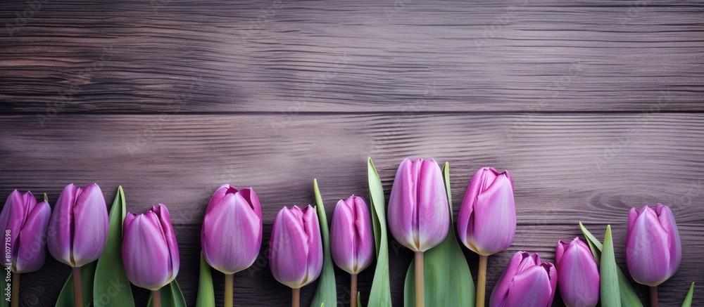 Poster A captivating image of purple tulips on a textured wooden backdrop leaving plenty of empty space for copy or other elements. Creative banner. Copyspace image