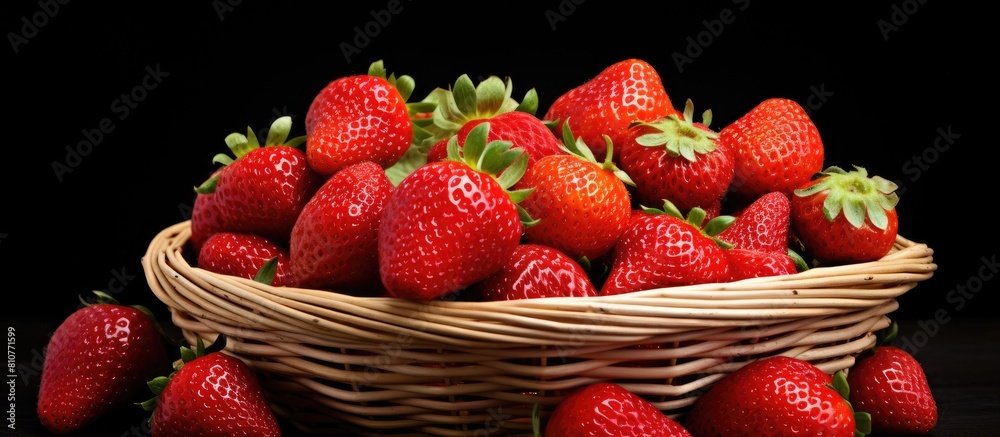 Poster Strawberries arranged in a wicker basket on a white background creating copy space for an image