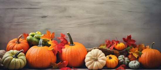 A retro toned scene with a harvest of pumpkins colorful fall leaves and gray stone with copy space image in a flat lay style