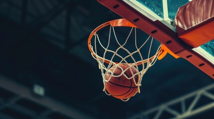 Fototapeta premium Basketball going through hoop in basketball court, closeup action shot photo.