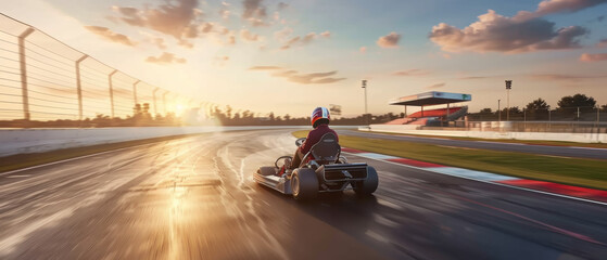A go-kart racer speeds on a track against the backdrop of a dramatic sunset sky.