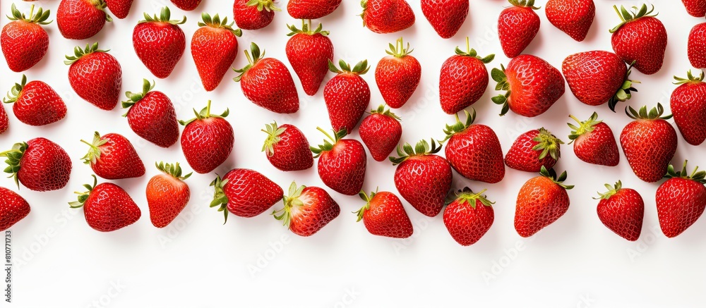 Poster Top view of strawberries positioned on a white background featuring ample copy space for text The layout showcases a flat lay pattern