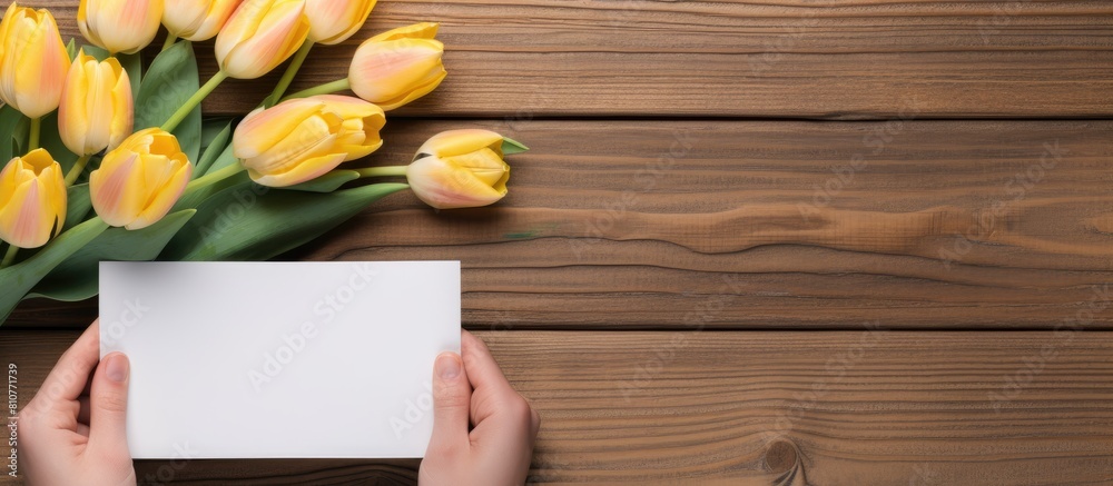 Poster top view of a brown wooden background adorned with a flat lay arrangement including a greeting card 