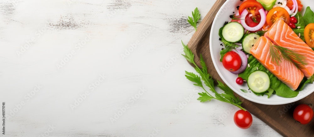 Poster a top view of a ketogenic keto or paleo diet lunch bowl featuring a salted salmon salad with fresh g
