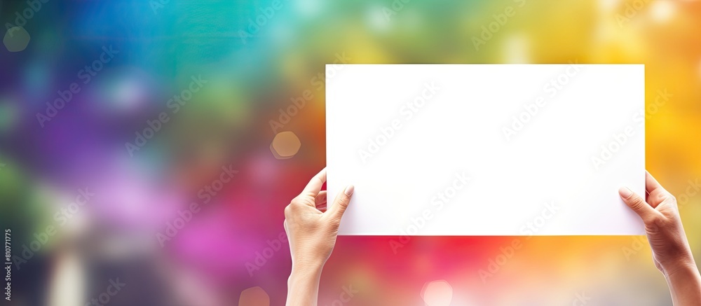 Poster Colorful background with female hands holding blank speech bubble perfect for adding a message or text Copy space image
