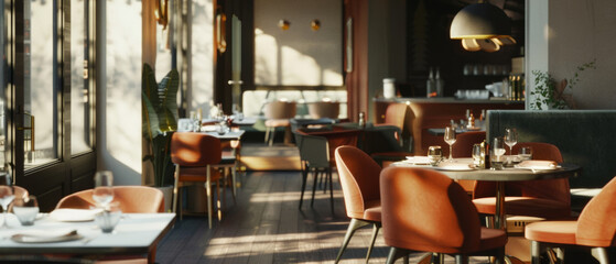 Modern restaurant interior bathed in sunlight, ready to welcome the day's first patrons.