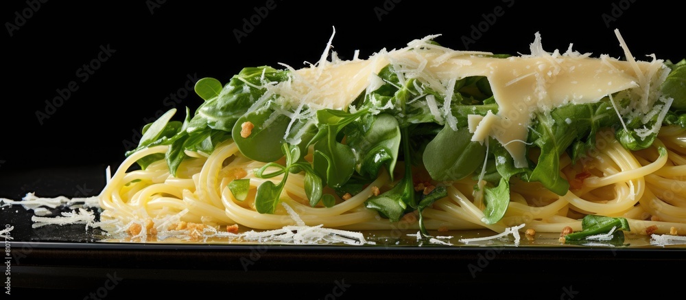Poster a close up top view of spaghetti adorned with arugula and cheese in a copy space image