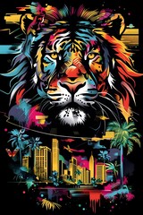 Vibrant Jungle Inspired Urban Landscape with Tiger Portrait