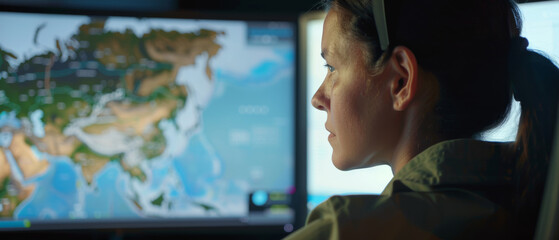 Obraz premium A focused woman monitors global activities on a large digital world map.