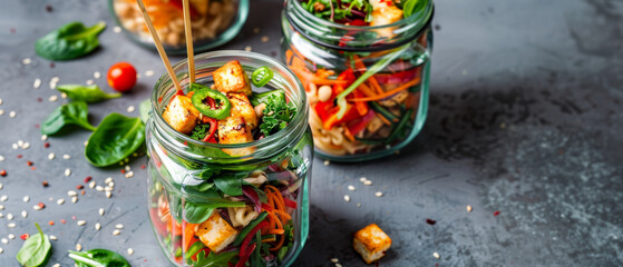 Fresh and appetizing mason jar salads with vibrant vegetables on a table.