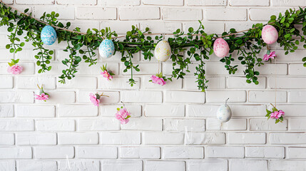 Easter garland hanging on white brick wall