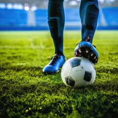 Fototapeta premium Soccer player passes the ball on field, closeup shot.