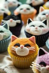 cupcakes with kawaii cat faces, very cute, cat birthday celebration