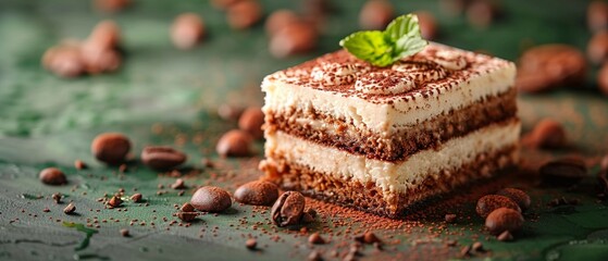 a photo of Tiramisu, colorful and appetizing sweet treats, isolated on green background 8K , high-resolution, ultra HD,up32K HD