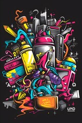 Vibrant Streetwear Collage of Urban Elements on Black Background