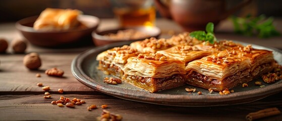 A platter of baklava, featuring layers of phyllo dough, nuts, and honey syrup, cut into bitesized pieces 8K , high-resolution, ultra HD,up32K HD