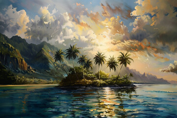 Dramatic island illustration, summer vacation background - obrazy, fototapety, plakaty