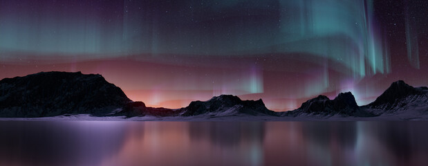 Green Aurora Lights over Winter Terrain. Majestic Northern Lights Background with copy-space.