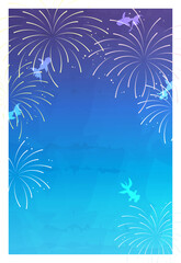 花火と金魚のシルエットの背景イラスト素材 ベクター 葉書 暑中見舞い カード