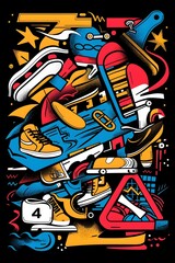 Vibrant Streetwear T Shirt Design with Skateboarding and Urban Culture Elements
