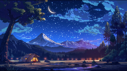 Idyllic cozy nighttime camping campground scene with one solitary tent crescent moon and starry sky beautiful outdoors nature background