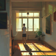 Human go in for sport at home. Beginner try to do his best and exercise. Hardworking real person.