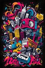 Vibrant Urban Collage A Streetwear Inspired of Graffiti Boomboxes and City Skylines