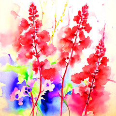 Floral colourful bloomy vibrant watercolour oil painting splash colour of coral-bells flowers