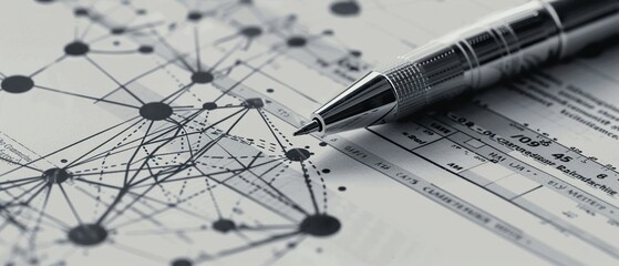 Dramatic angle on a document of international compliance, with a pen poised to sign, and global business icons scattered around