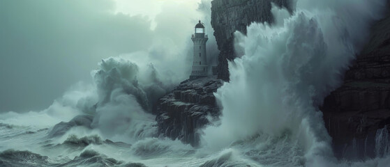 Mighty waves crash against a lighthouse, a dramatic dance of nature's fury and steadfast human engineering.