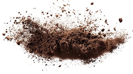 Soil dirt piles captured mid-air from a top-down perspective, isolated on white, illustrating each flying grain under precise lighting