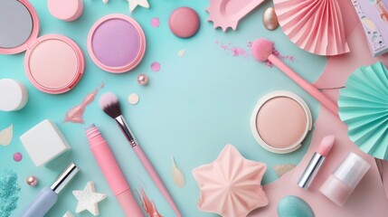 A makeup kit with a brush, a tube of foundation, and a tube of concealer