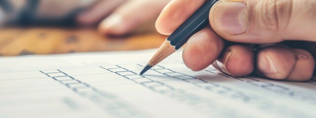Naklejka premium Closeup of hand holding pencil, person lifting pen to mark one box on check list with checkmark symbol.