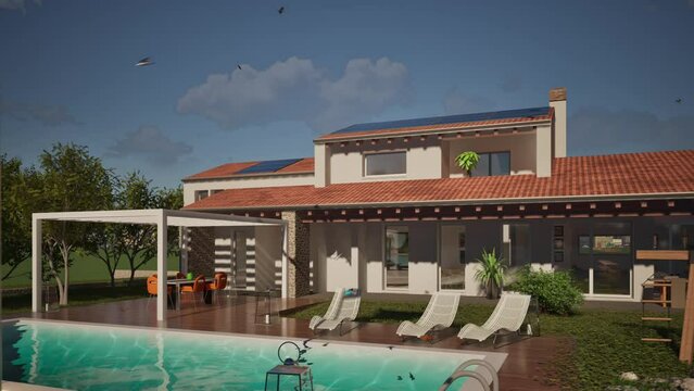 Modellazione 3D e video di edificio residenziale con piscina e bandiera al vento Portuga
