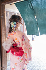 Japanese Kimono Portrait back view photography. Kyoto, Japan. Japanese traditional background.