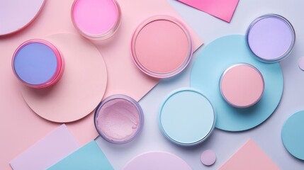 Fototapeta premium A colorful array of makeup products, including a blue jar of powder