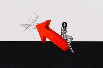 Composite collage picture image of female sit arrow point career work progress concept unusual...