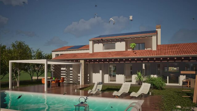 Modellazione 3D e video di edificio residenziale con piscina e bandiera al vento Poland.